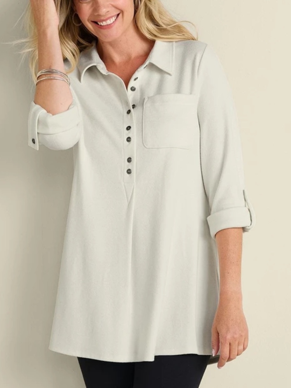 Soft Surroundings Women L Ivory Pearl Take It Easy Tunic Popover Shirt NWT
